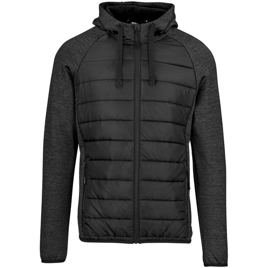 Black puffer jacket with gray sleeves on a white background

