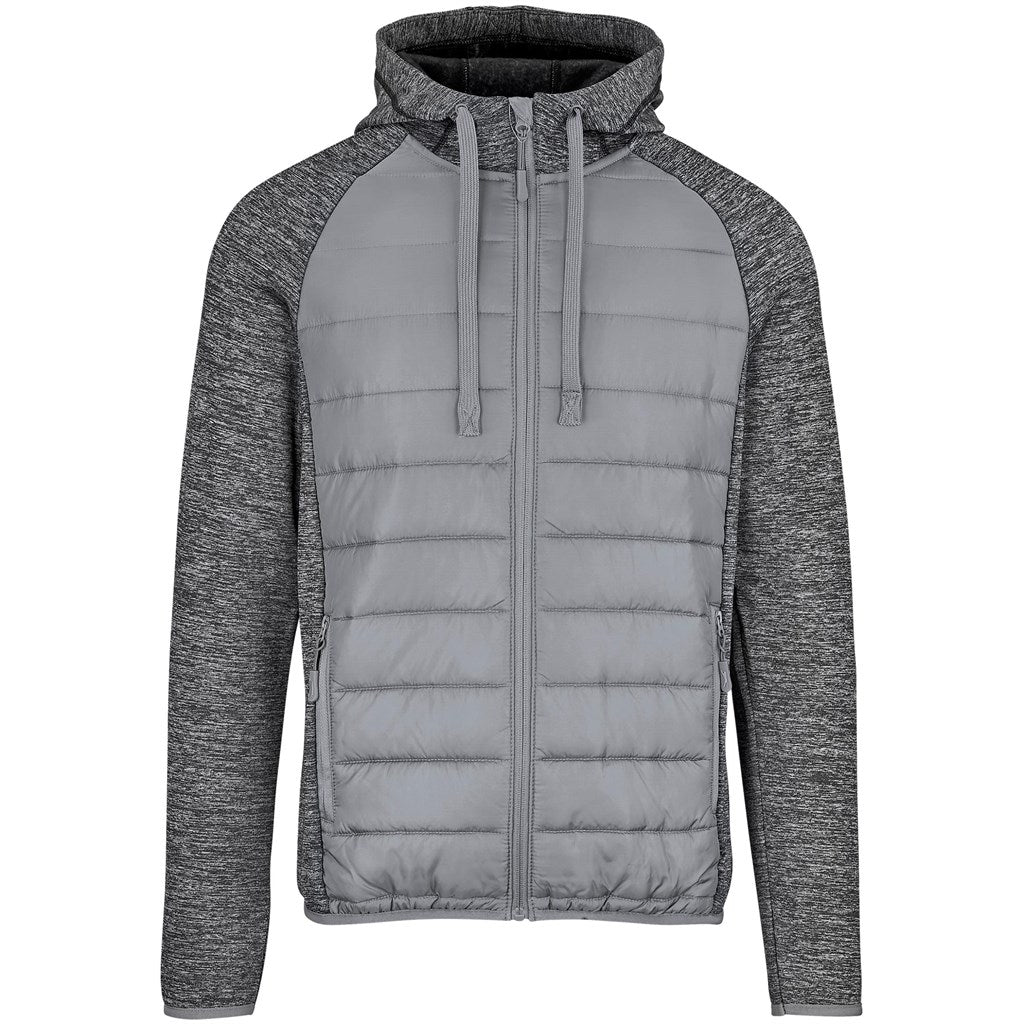 Gray and black hooded jacket with a quilted design on a white background

