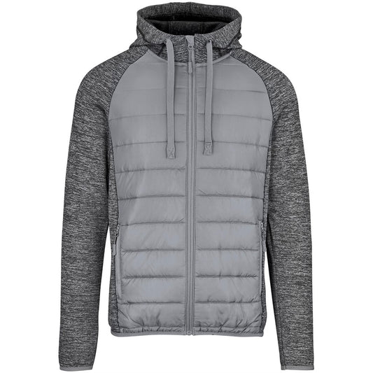 Gray and black hooded jacket with a quilted design on a white background

