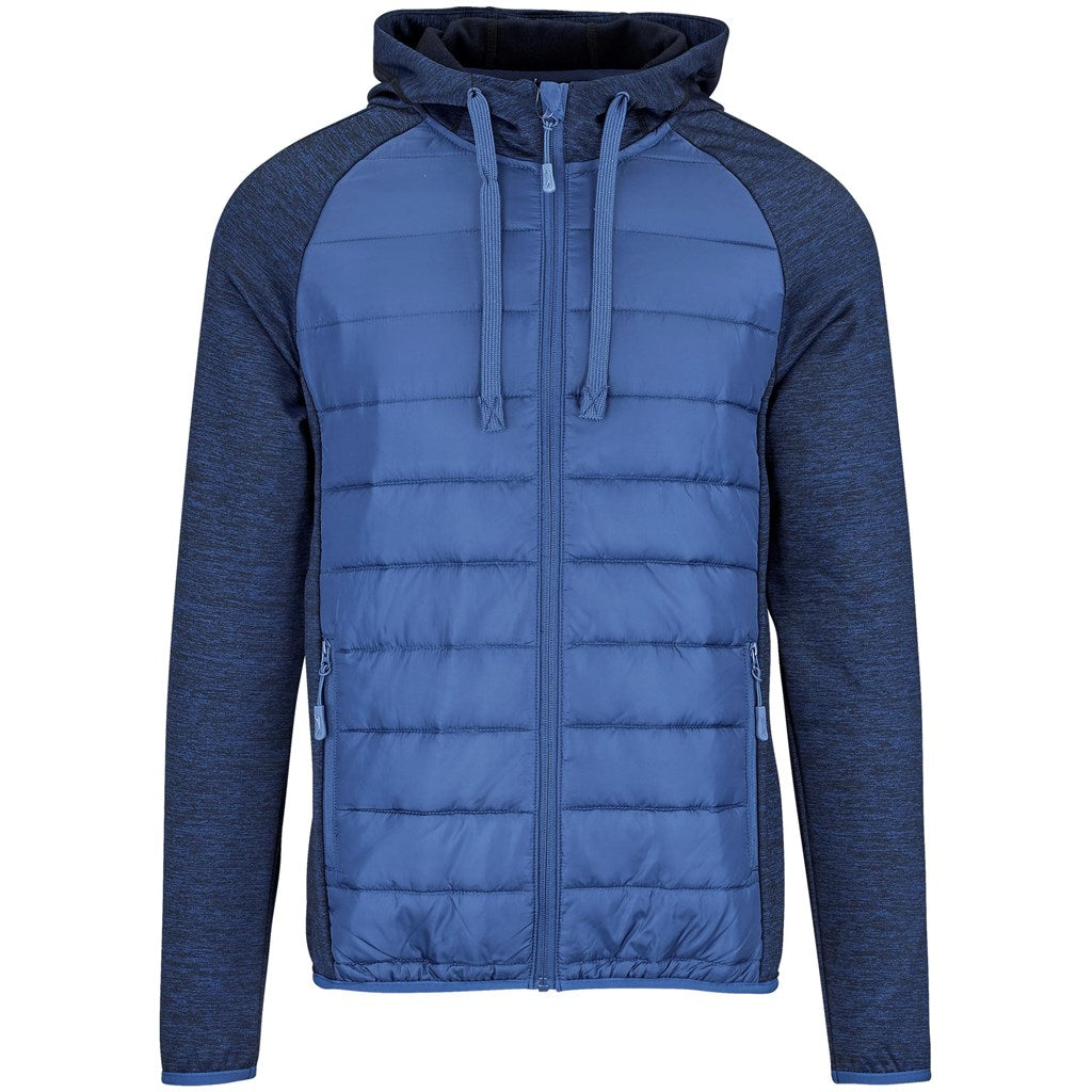Blue puffer jacket with hood on a white background

