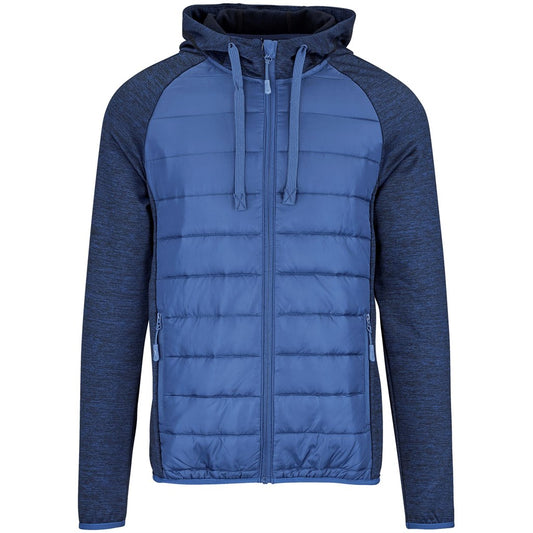 Blue puffer jacket with hood on a white background

