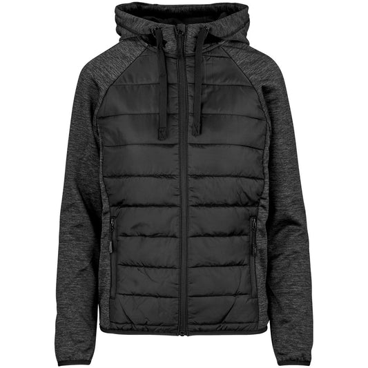 Black and gray puffer jacket on a white background

