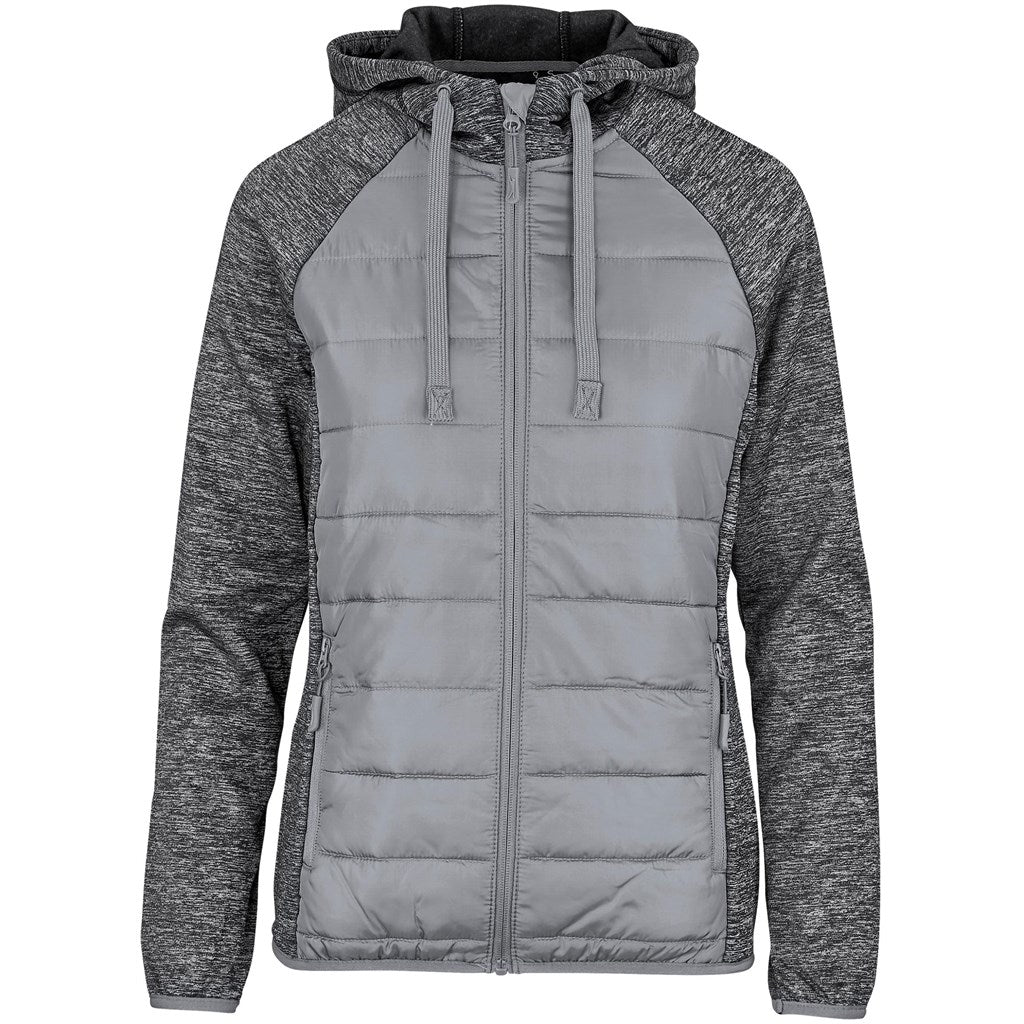 Gray and black hooded jacket with a quilted design on a white background

