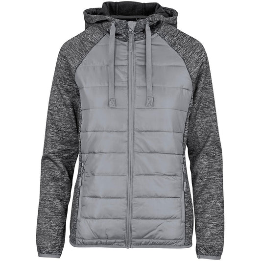 Gray and black hooded jacket with a quilted design on a white background

