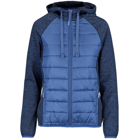 Blue puffer jacket with a hood on a white background

