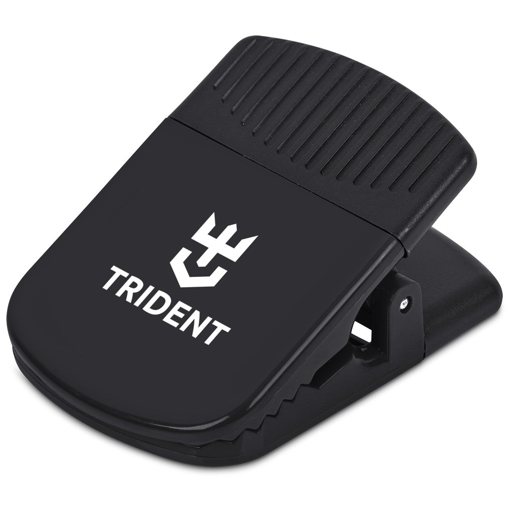 A black metal and plastic guitar pedal clamp with the white TRIDENT logo and brand name printed on the top, shown against a plain white background.

