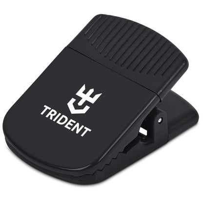 A black metal and plastic guitar pedal clamp with the white TRIDENT logo and brand name printed on the top, shown against a plain white background.


