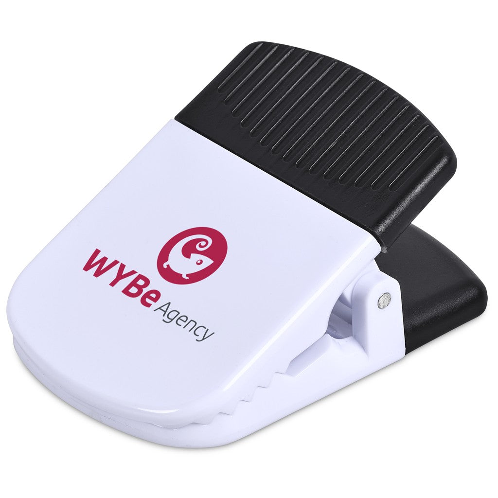 A white and black foot pedal clamp with a red and gray 'WYBeAgency' logo printed on the side, shown on a clean white background.

