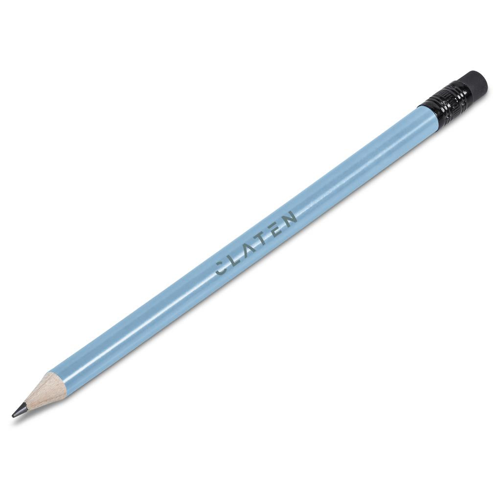 Blue pencil with black cap on a white background

