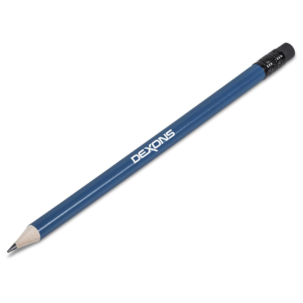 Blue pencil with 'Dexons' branding on a white background

