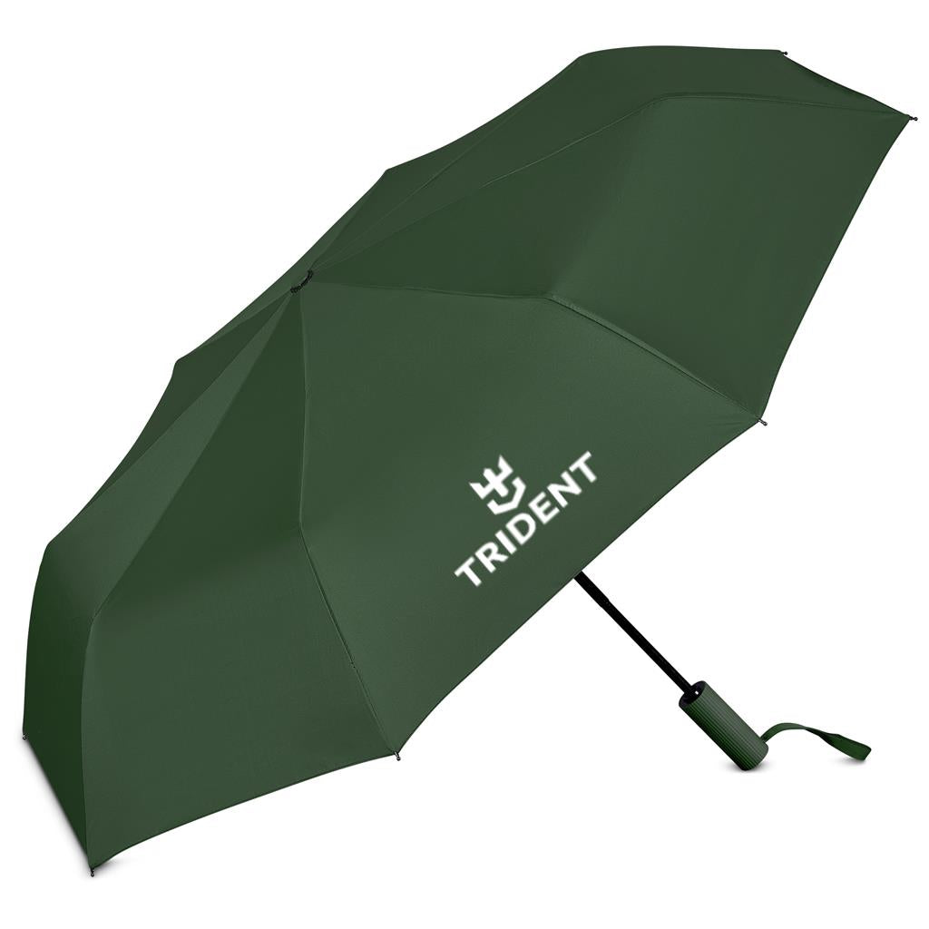 A dark green Trident folding umbrella shown open against a plain white background, featuring the white Trident logo printed on the canopy.

