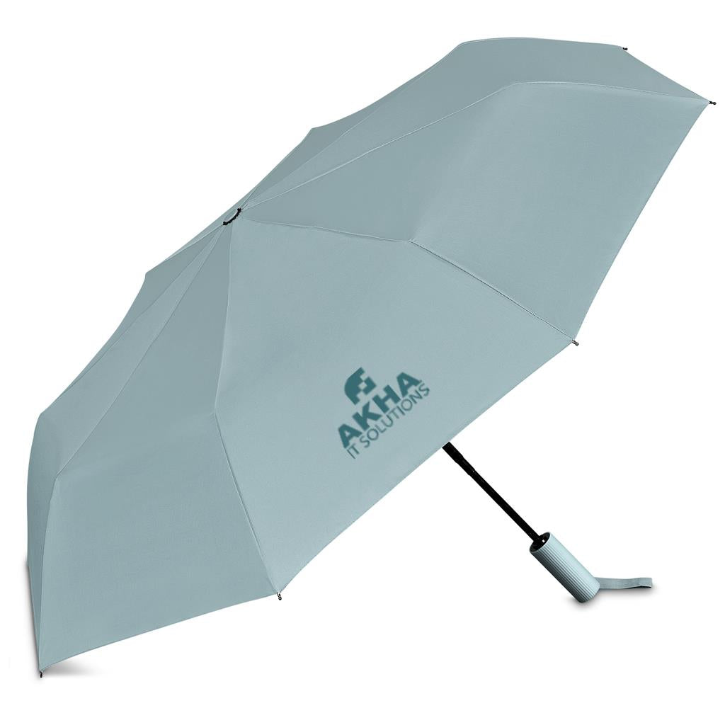 A light gray folding umbrella shown open against a white background, with the brand name 'AKHA Innovations' printed in dark gray on the canopy.

