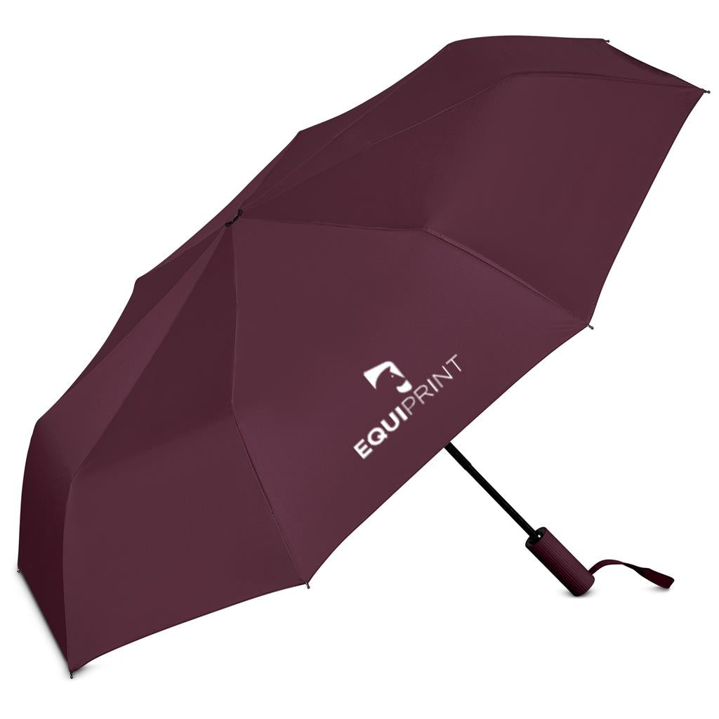 A dark burgundy folding umbrella with the brand name 'EQUIPRINT' printed in white on the canopy, shown against a plain white background.
