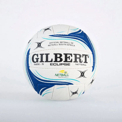 A white and blue Gilbert netball ball with black branding, photographed against a clean white background.

