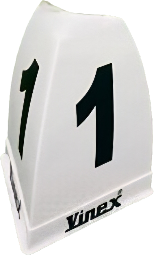 White plastic stand with number '1' and Vinex branding on a clear background

